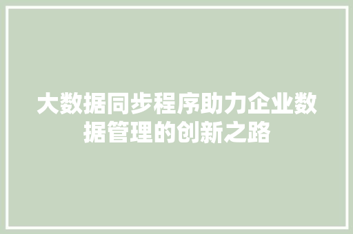 大数据同步程序助力企业数据管理的创新之路
