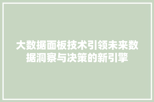 大数据面板技术引领未来数据洞察与决策的新引擎