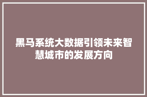 黑马系统大数据引领未来智慧城市的发展方向