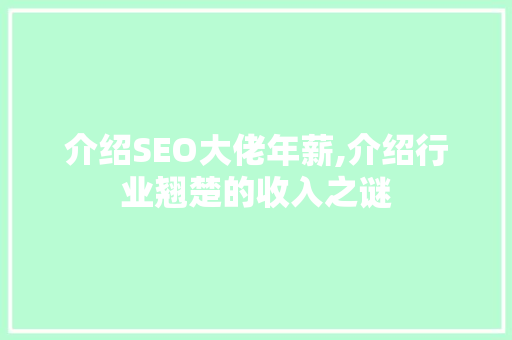介绍SEO大佬年薪,介绍行业翘楚的收入之谜