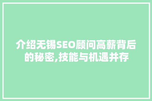 介绍无锡SEO顾问高薪背后的秘密,技能与机遇并存