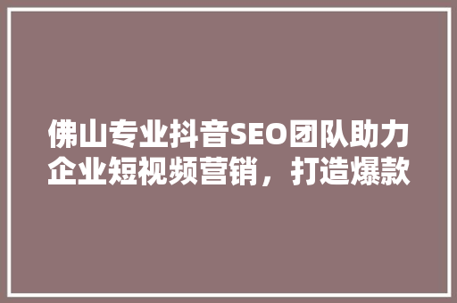 佛山专业抖音SEO团队助力企业短视频营销，打造爆款短视频