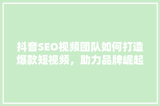 抖音SEO视频团队如何打造爆款短视频，助力品牌崛起