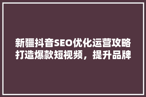 新疆抖音SEO优化运营攻略打造爆款短视频，提升品牌影响力