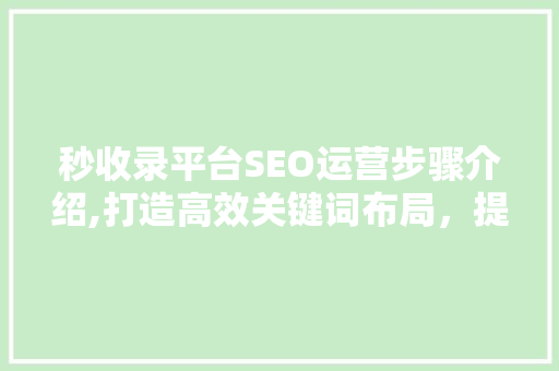 秒收录平台SEO运营步骤介绍,打造高效关键词布局，提升网站排名