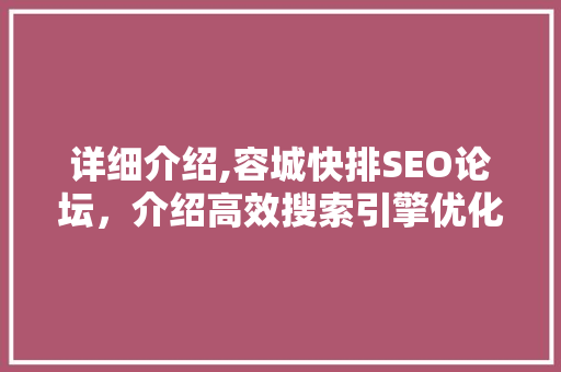 详细介绍,容城快排SEO论坛，介绍高效搜索引擎优化步骤