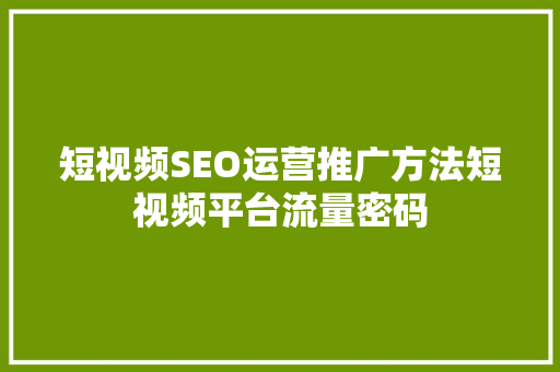 短视频SEO运营推广方法短视频平台流量密码