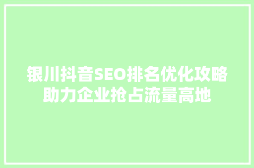 银川抖音SEO排名优化攻略助力企业抢占流量高地