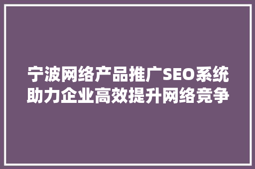 宁波网络产品推广SEO系统助力企业高效提升网络竞争力